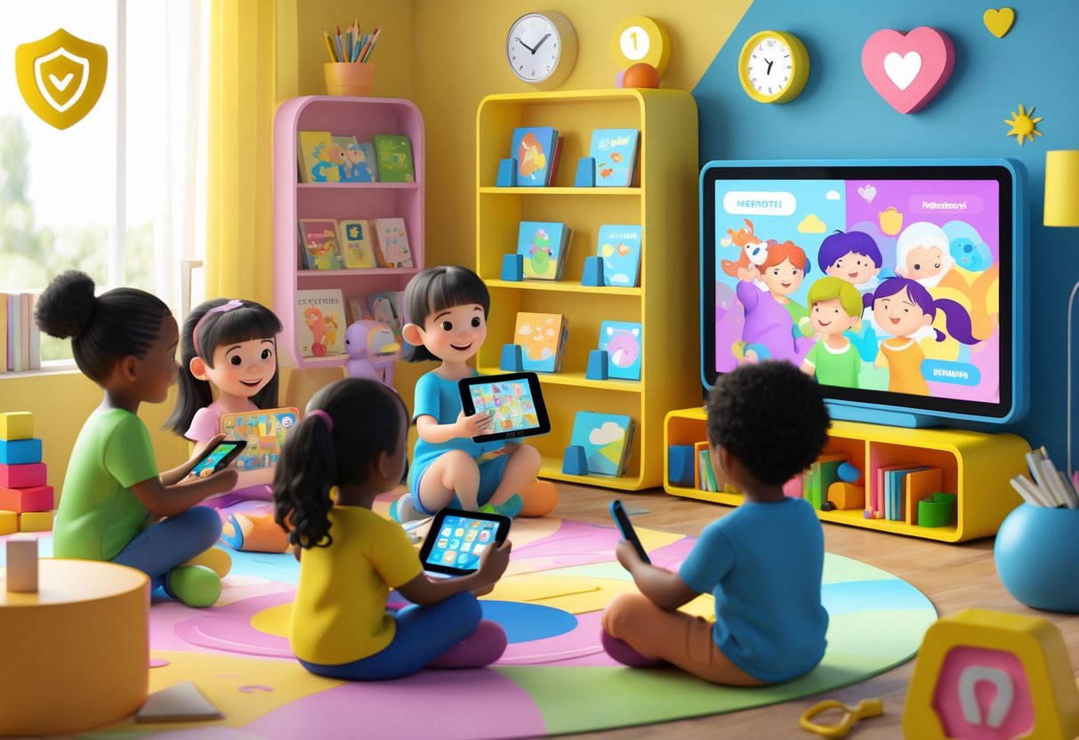 Children in a bright playroom interacting with educational media devices and books surrounded by symbols representing safety, time, values, and creativity.