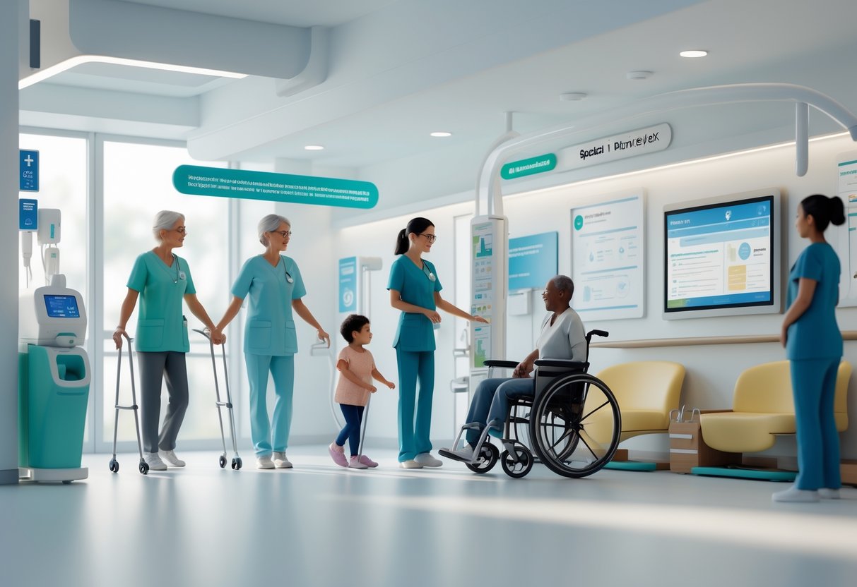 A hospital scene showing healthcare workers assisting diverse patients including elderly people, a child, a person in a wheelchair, and a pregnant woman in a welcoming and accessible environment.