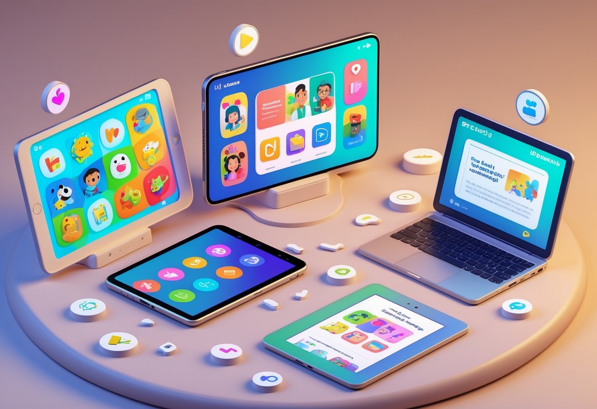 A collection of digital devices showing age-appropriate media content for children and teenagers arranged on a surface.