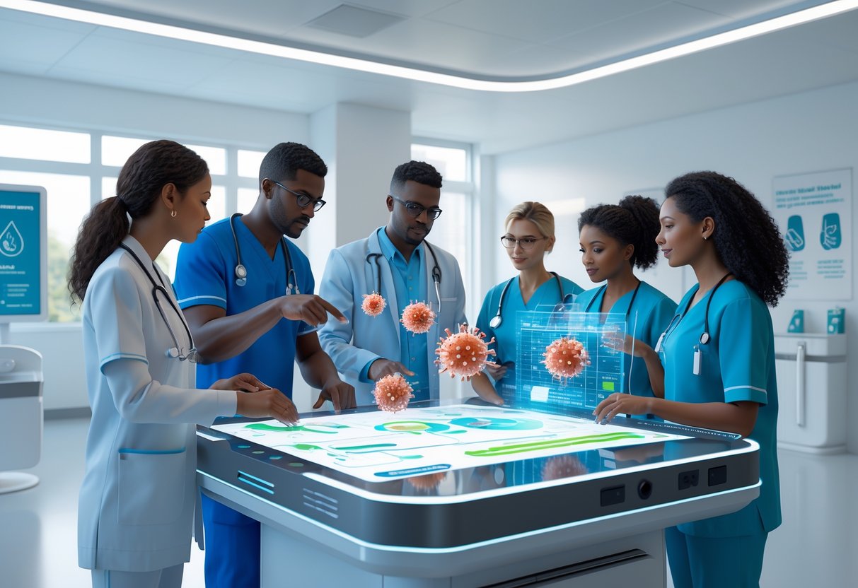 A group of healthcare workers discussing health protocols around a digital table in a hospital room.