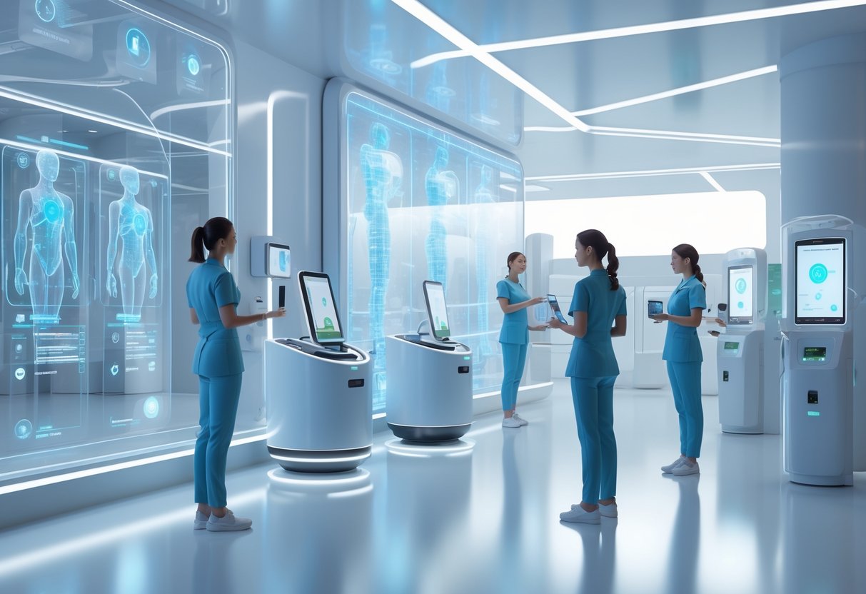 A futuristic medical facility with digital screens, holographic anatomy models, robotic assistants, and medical staff using advanced health technology.