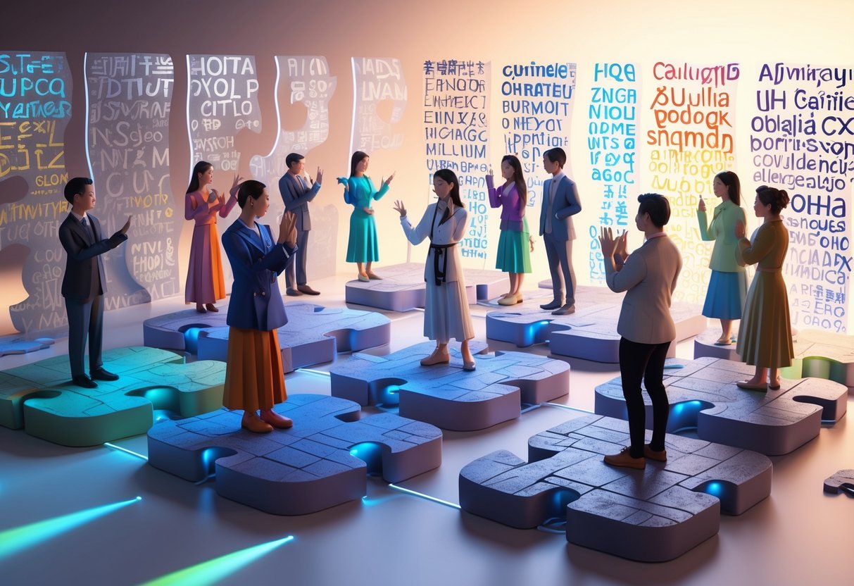 A group of diverse people on floating puzzle-shaped platforms separated by translucent walls made of colourful text characters from different alphabets, symbolising cultural language barriers.