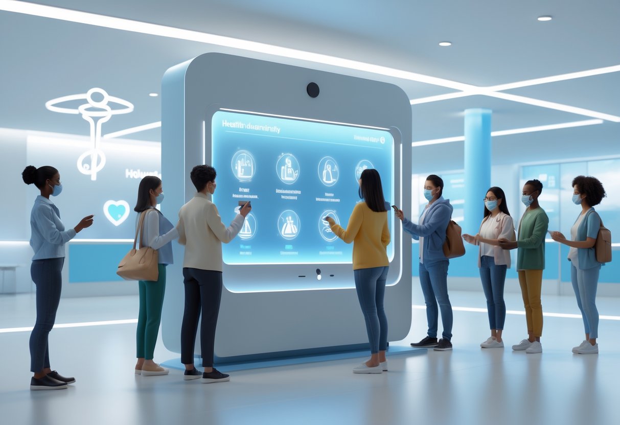 A bright public space with people interacting with a digital display showing icons for health protocols like hand washing and mask wearing.