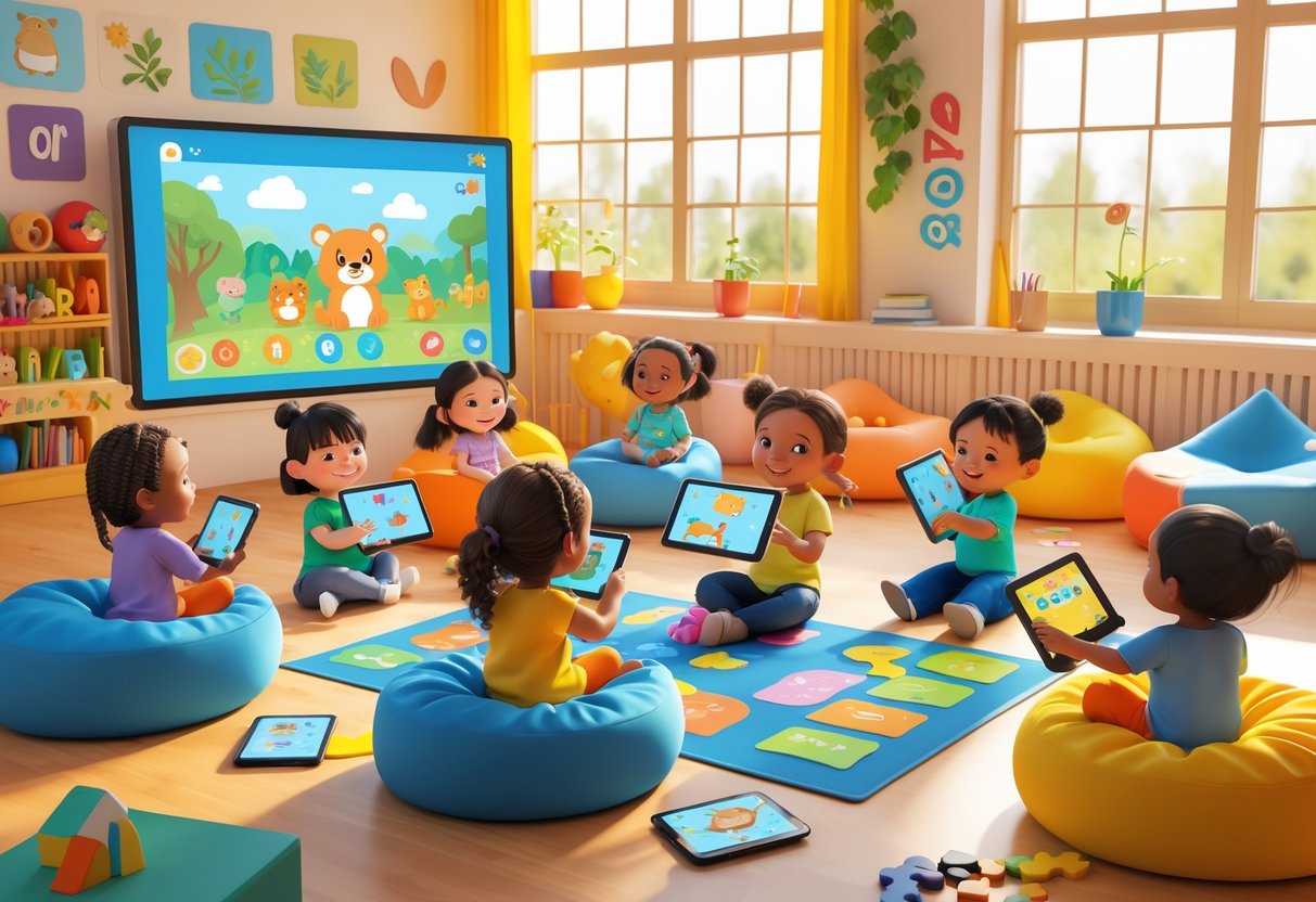 Young children happily engaging with age-appropriate media and educational toys in a bright and welcoming room.