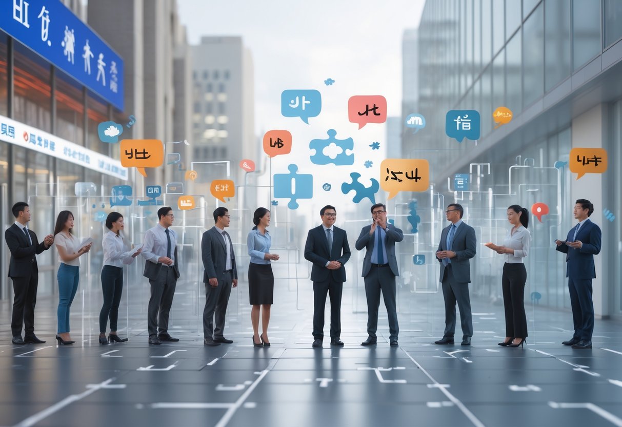 People from different cultures trying to communicate in various settings but separated by floating language symbols and fragmented speech bubbles symbolising language barriers.