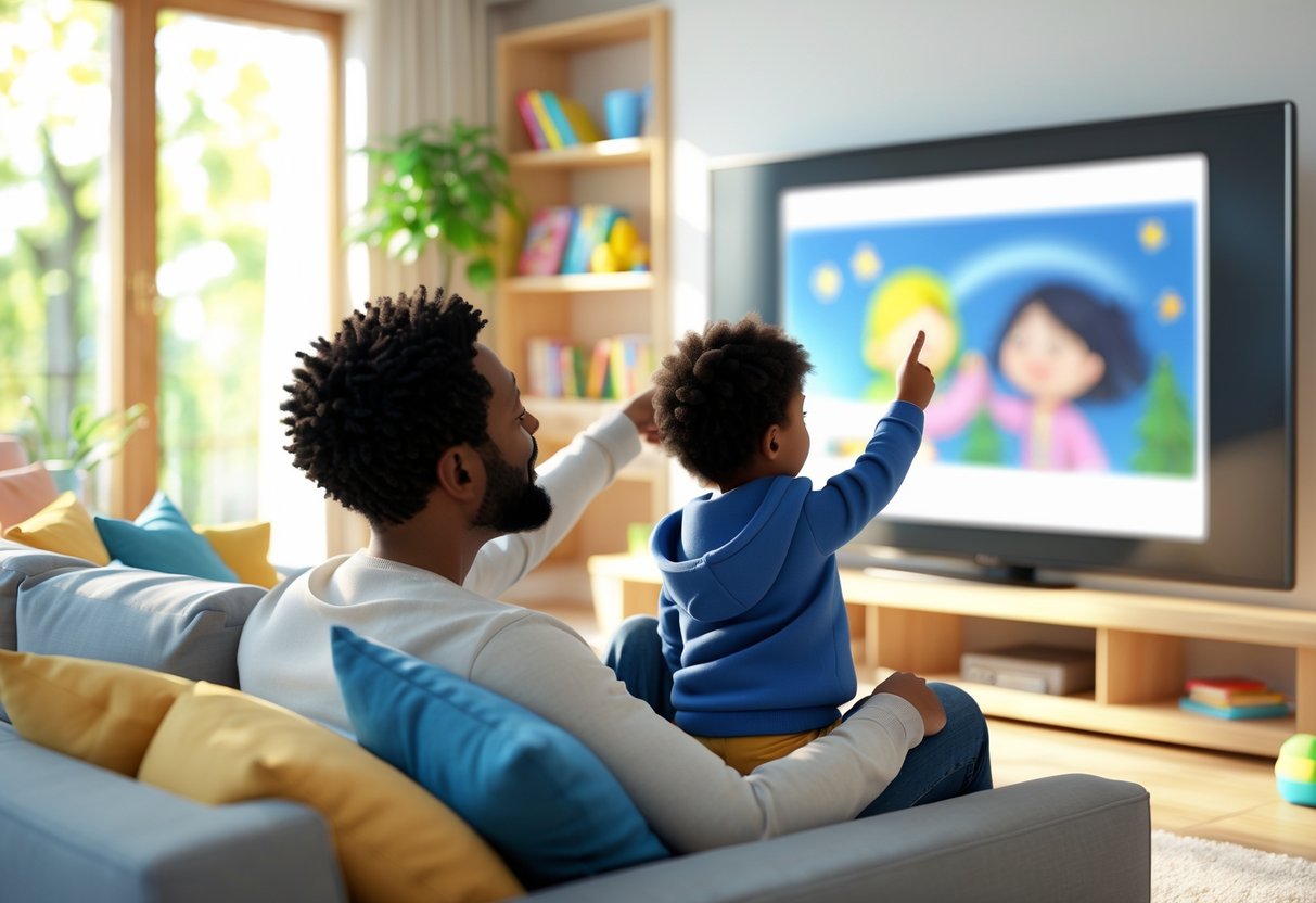 A parent and child sitting together on a sofa watching television in a cosy living room.