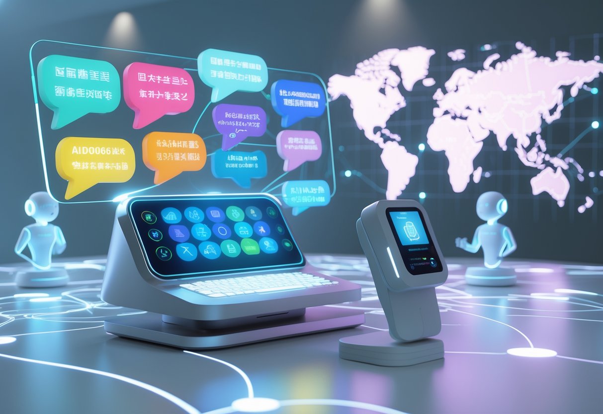 A futuristic workspace with holographic displays and devices representing tools for overcoming language barriers, showing speech bubbles with different alphabets and a world map with glowing communication lines.