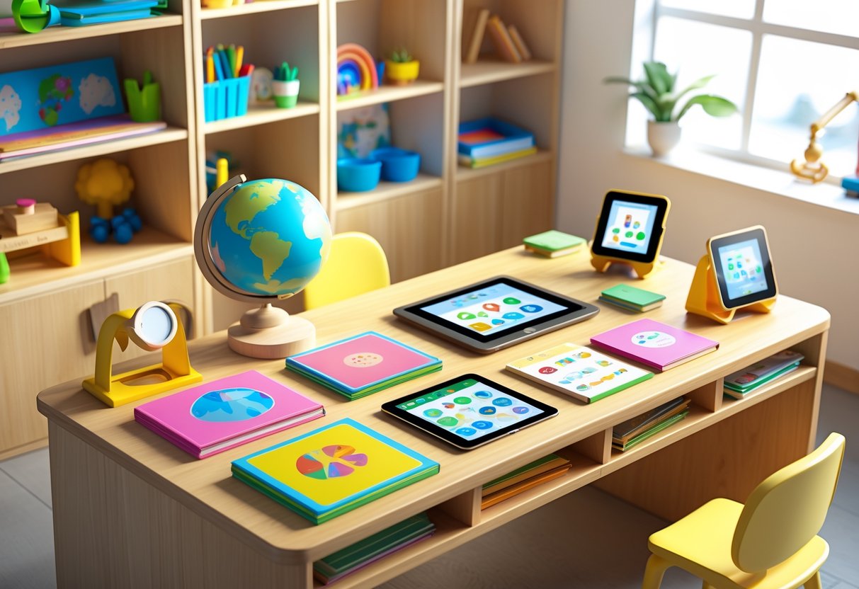 A bright children's study area with books, tablets, a globe, and educational tools arranged on a desk and shelves.