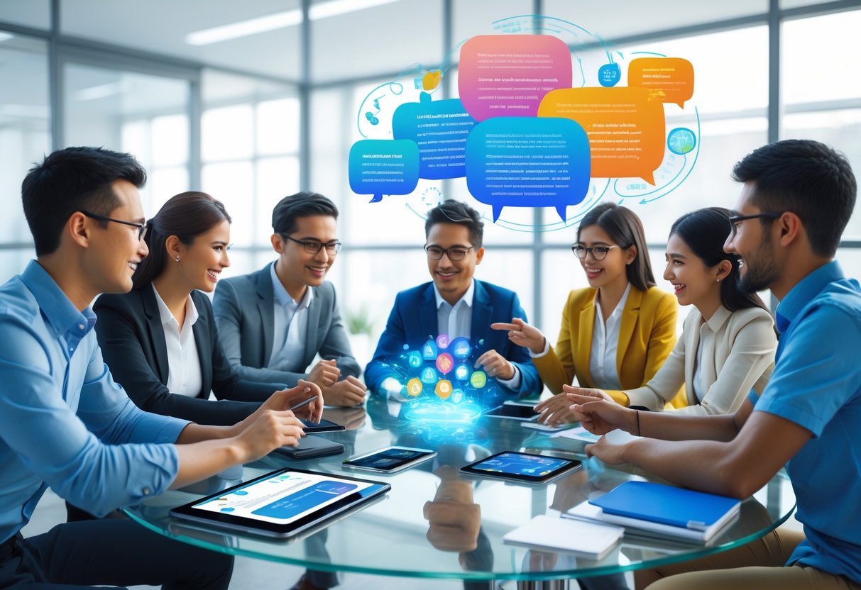 A group of diverse people working together around a table using digital devices and a holographic screen to communicate and overcome language barriers.