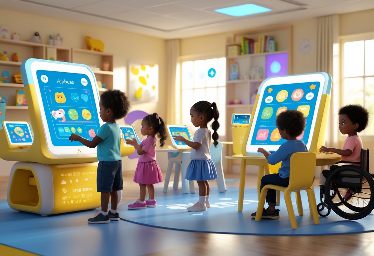 A group of children of different ages using interactive digital devices with age-appropriate educational content in a bright, inclusive learning space.