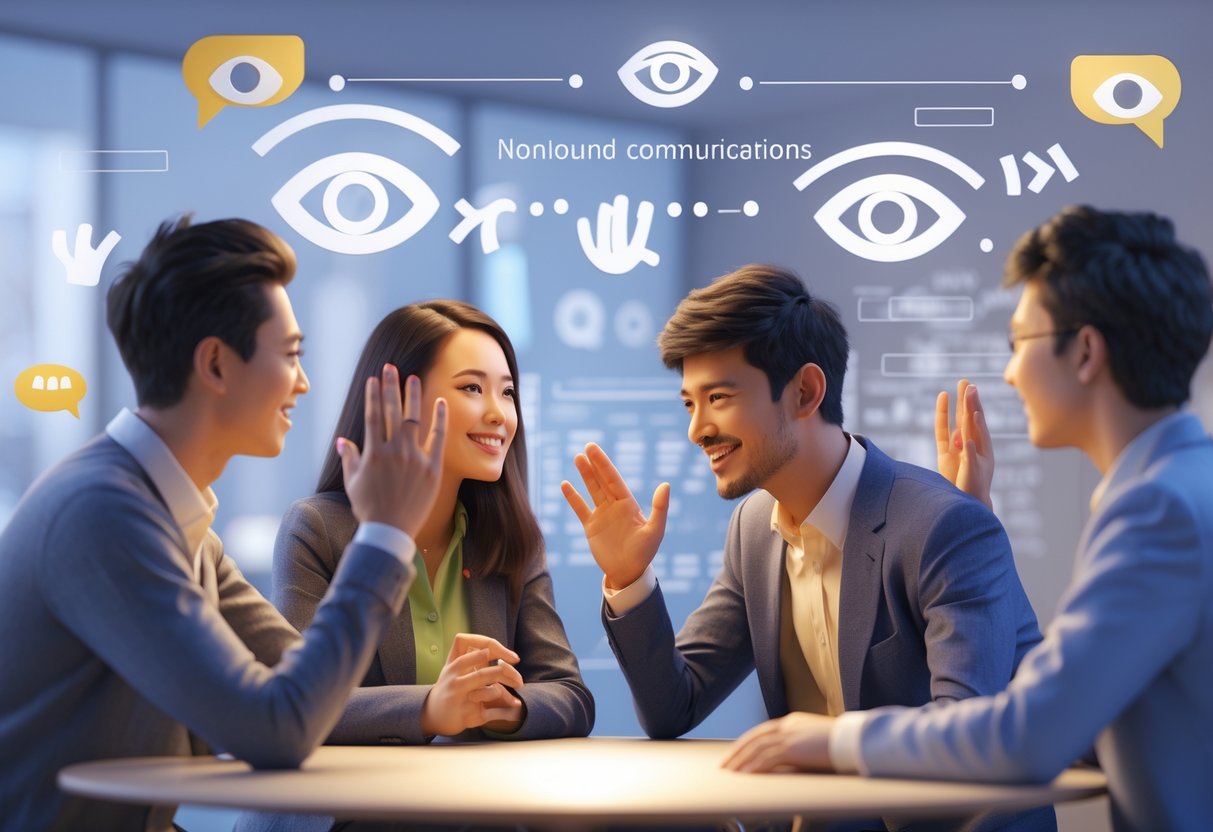 A group of diverse people communicating through gestures and facial expressions, showing understanding without speaking.