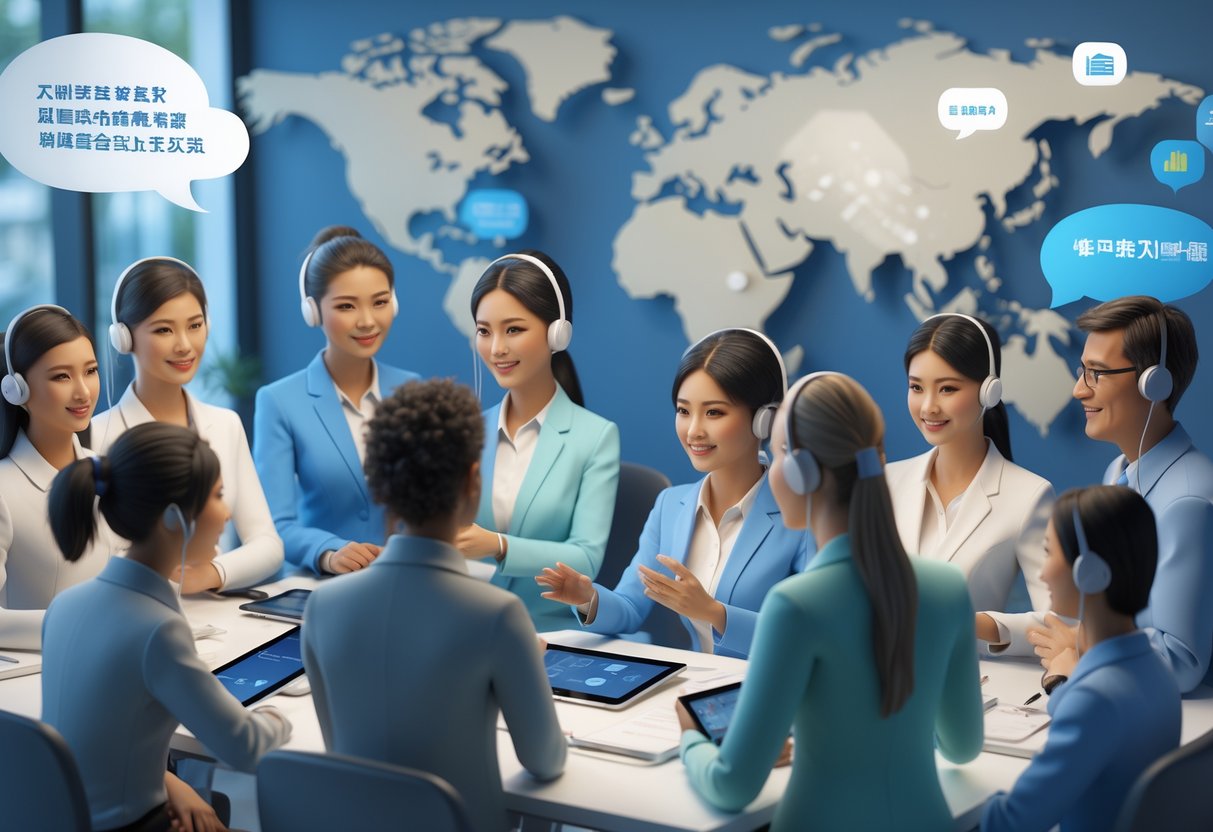 A group of diverse professionals working together in an office to provide language support and interpretation services.
