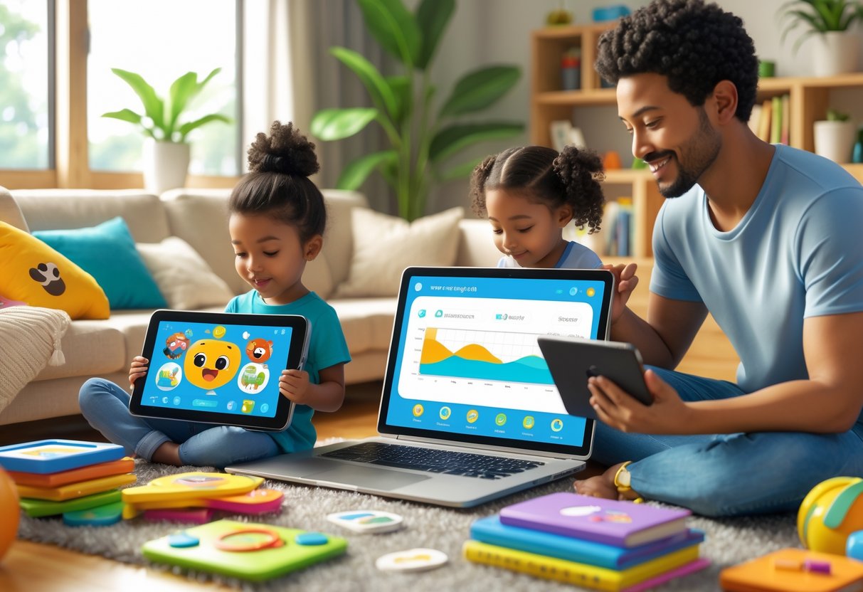 A parent watching two children using digital devices in a bright living room filled with books and toys.
