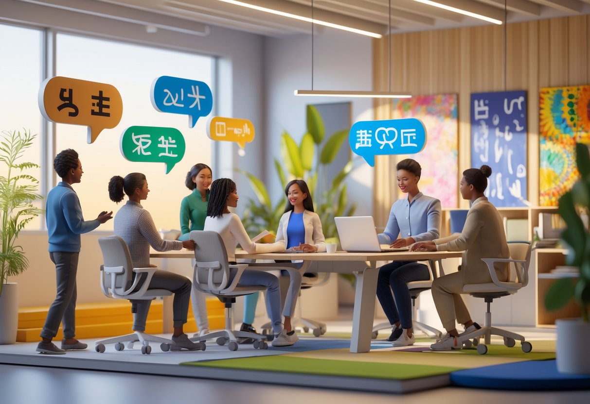 A group of diverse people working together in an accessible office space with symbols representing communication and inclusion.