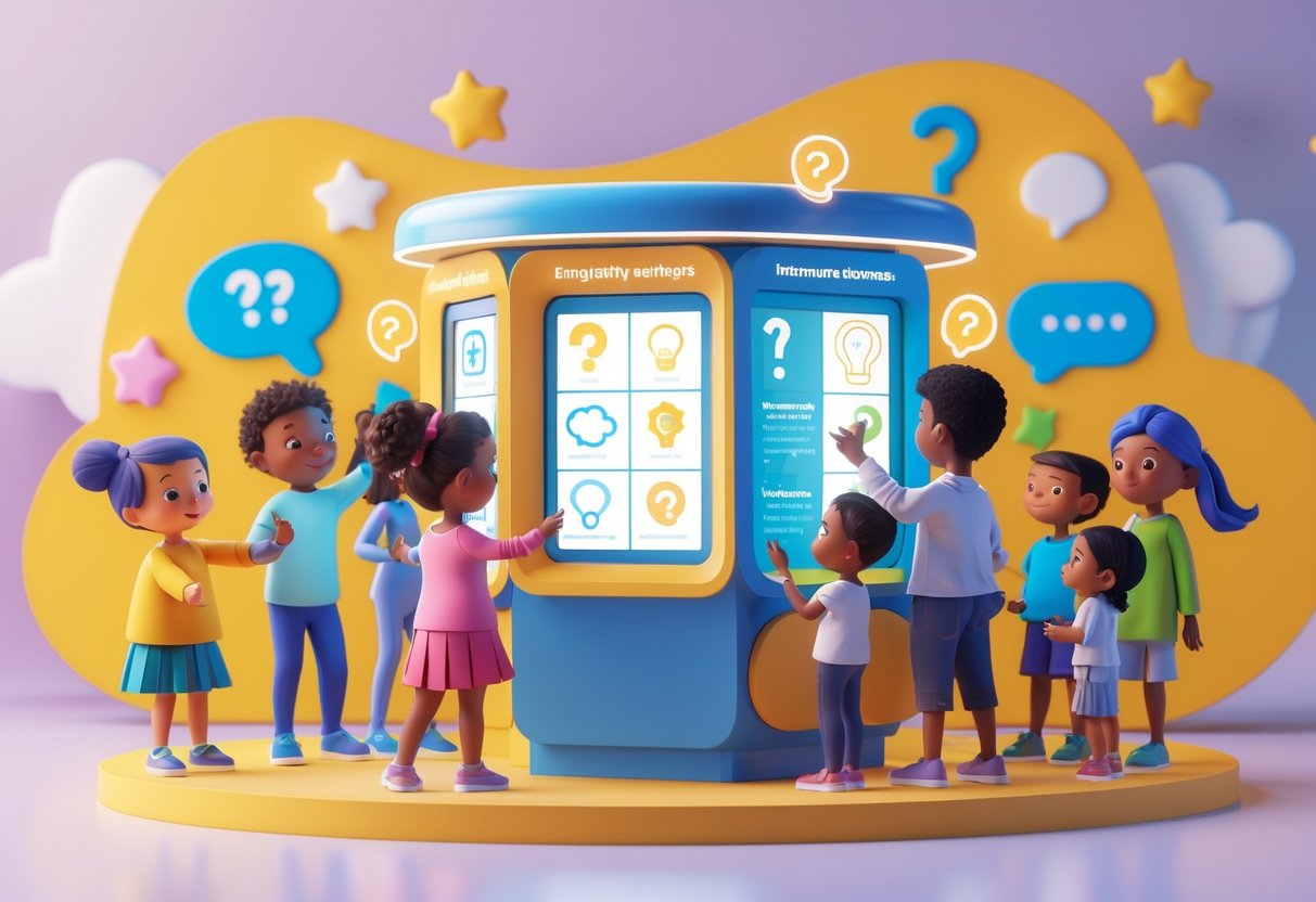 A colourful information kiosk with interactive screens and children and adults engaging with it in a bright, friendly environment.