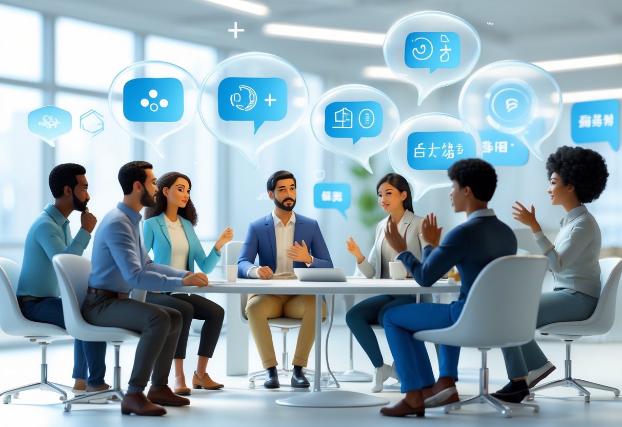 A group of diverse people communicating with speech bubbles showing language symbols and gestures in a modern office setting.
