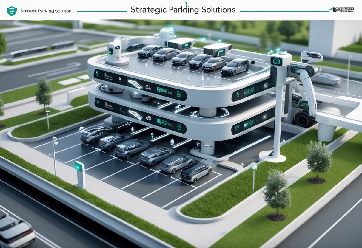 A multi-level automated parking facility with electric vehicles parked and robotic arms managing parking spaces in a clean, futuristic environment.
