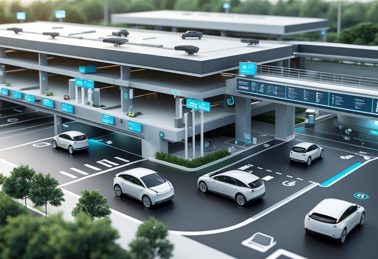A multi-level parking garage with cars parked and moving, showing automated gates, sensors, and a control centre monitoring parking operations.