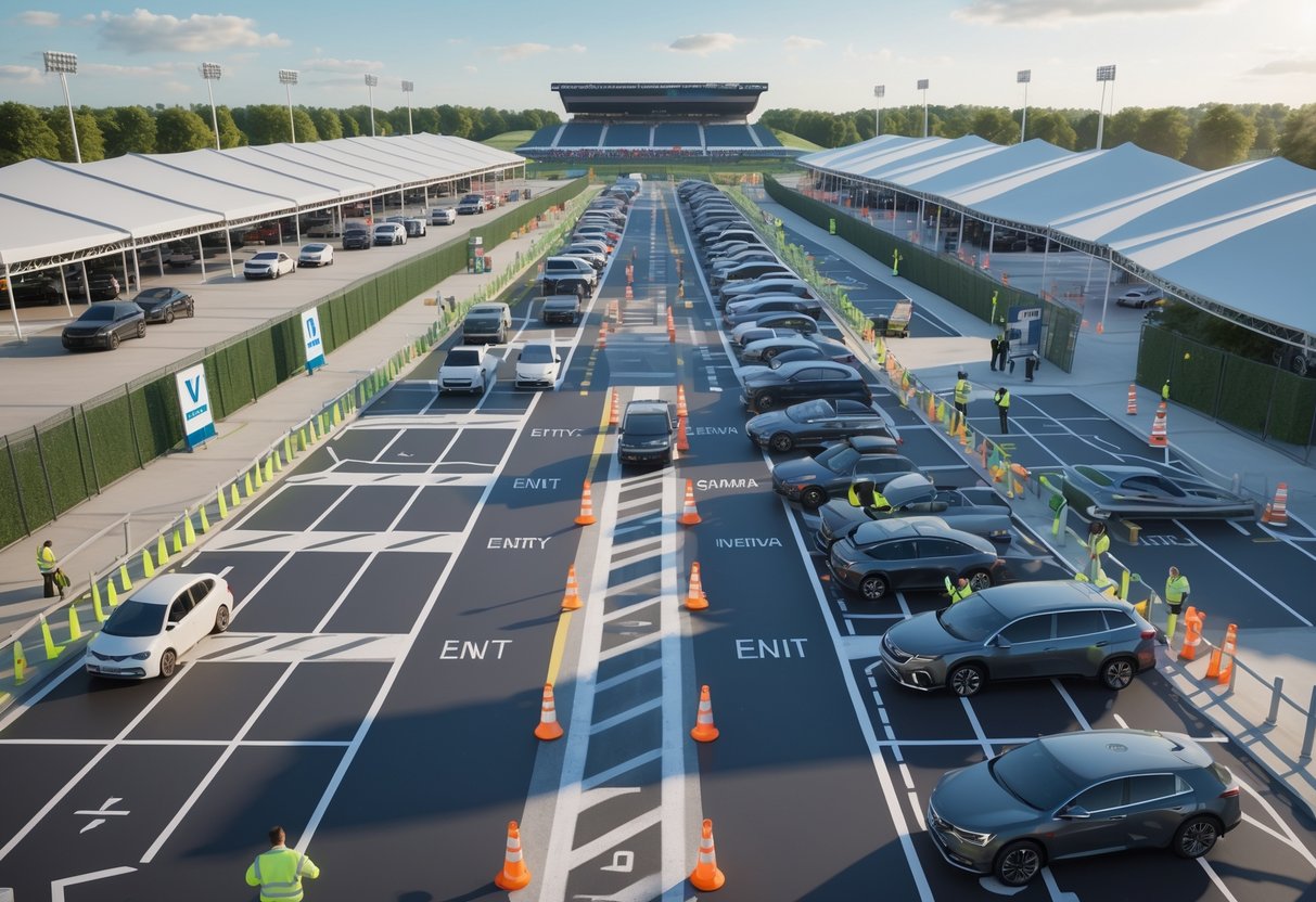 A large organised parking lot with rows of parked cars, traffic cones, parking attendants guiding vehicles, and an event venue in the background.