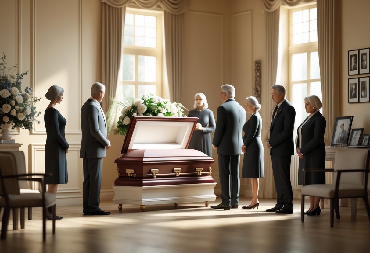 A family gathered quietly around an open casket in a softly lit room during a funeral viewing.