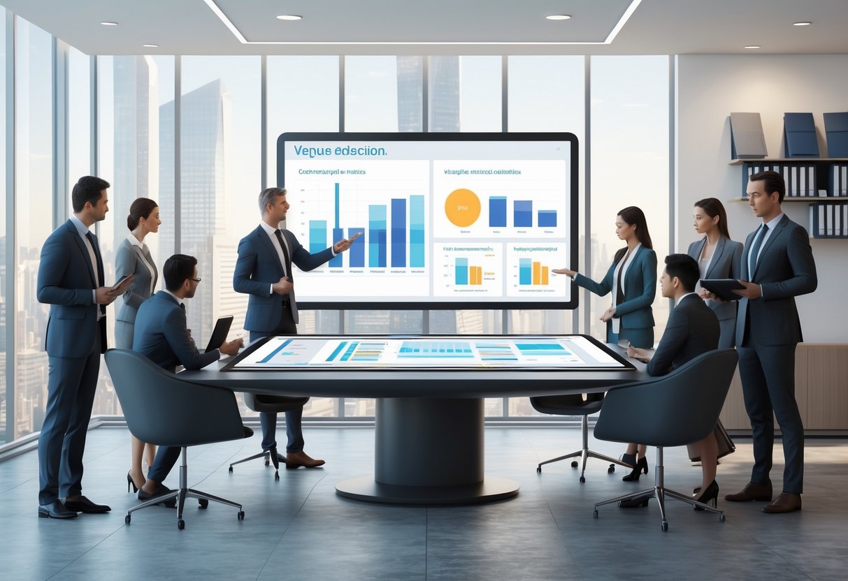 A group of professionals discussing venue options around a digital touchscreen table in a modern conference room with city views.