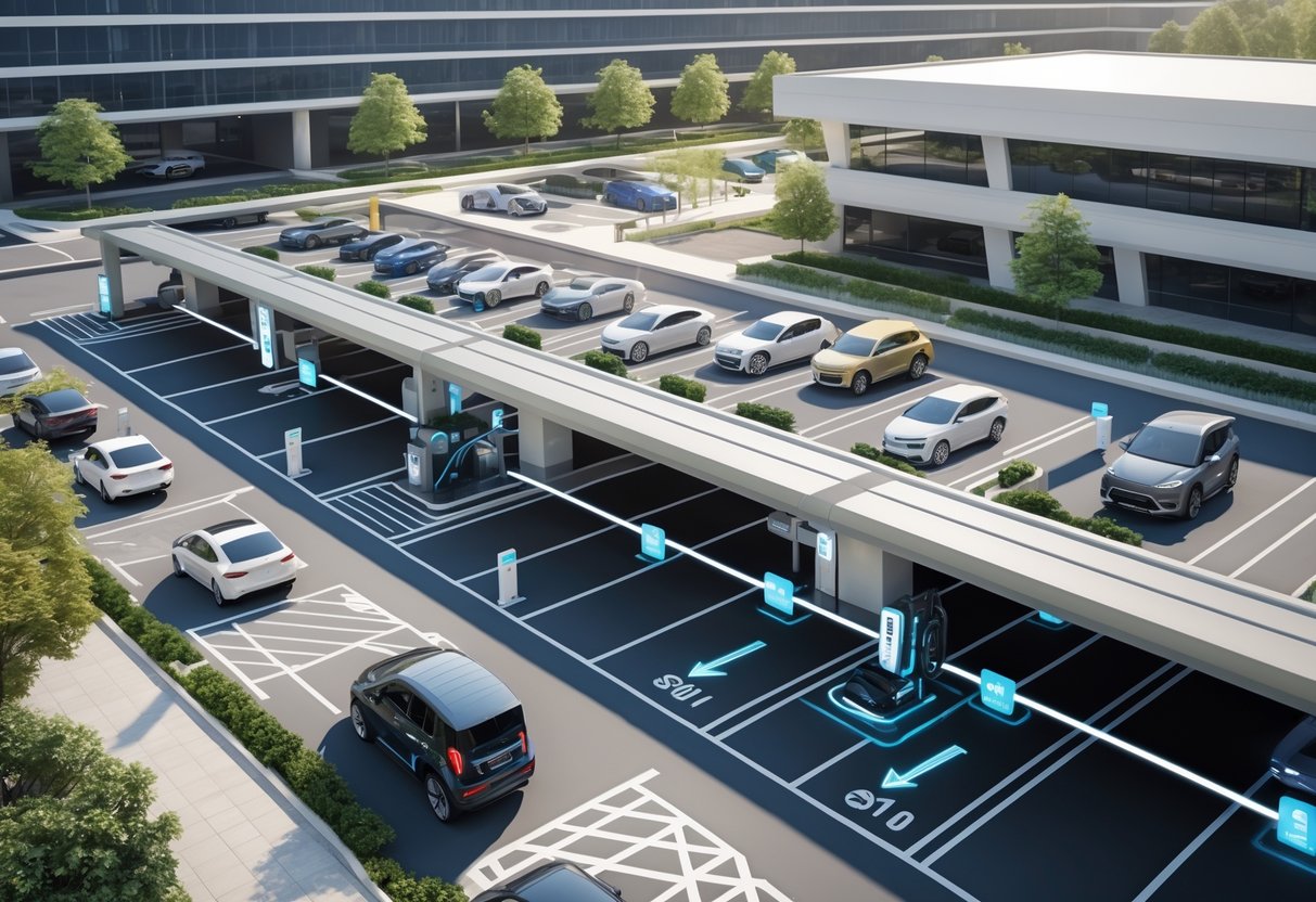 A multi-level parking garage with cars parked and electric charging stations, surrounded by office buildings and a hotel entrance.