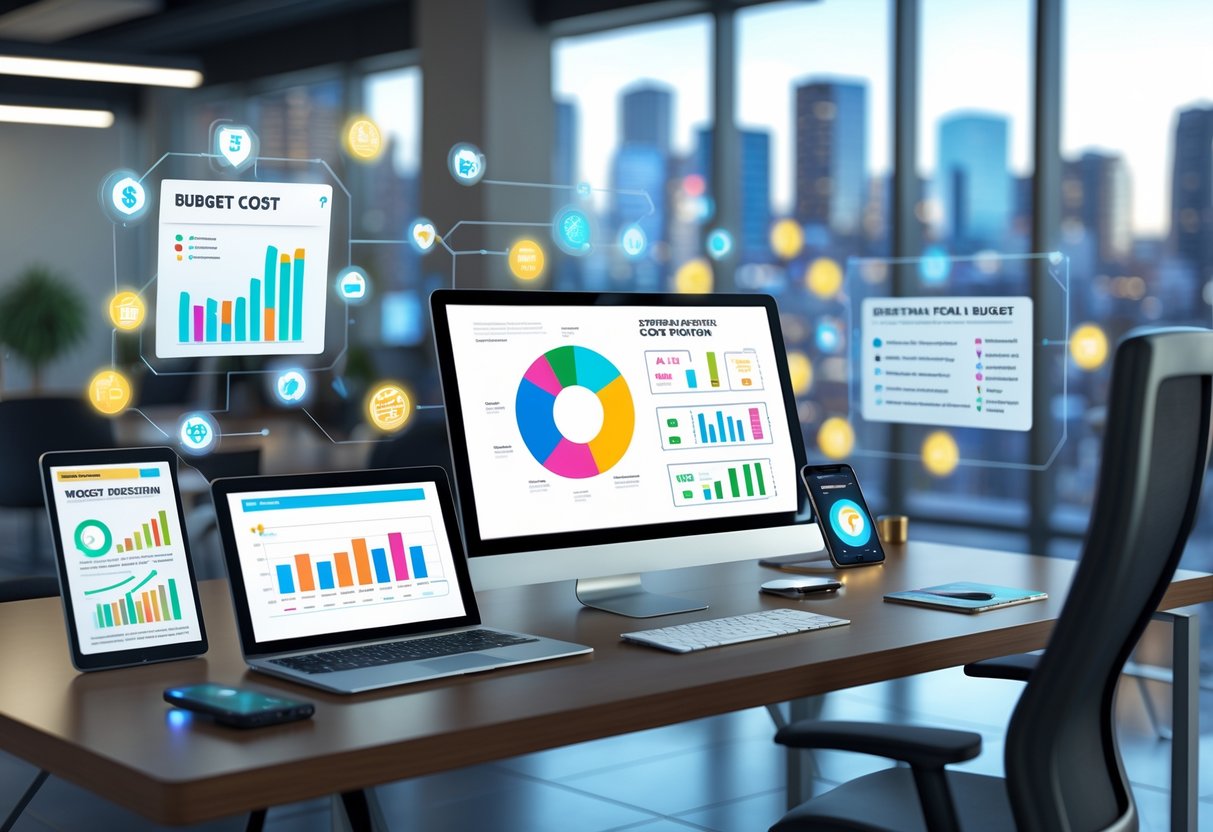 A 3D scene of a workspace with digital charts and holographic panels showing budget and venue selection data, with a city view and marked event locations in the background.