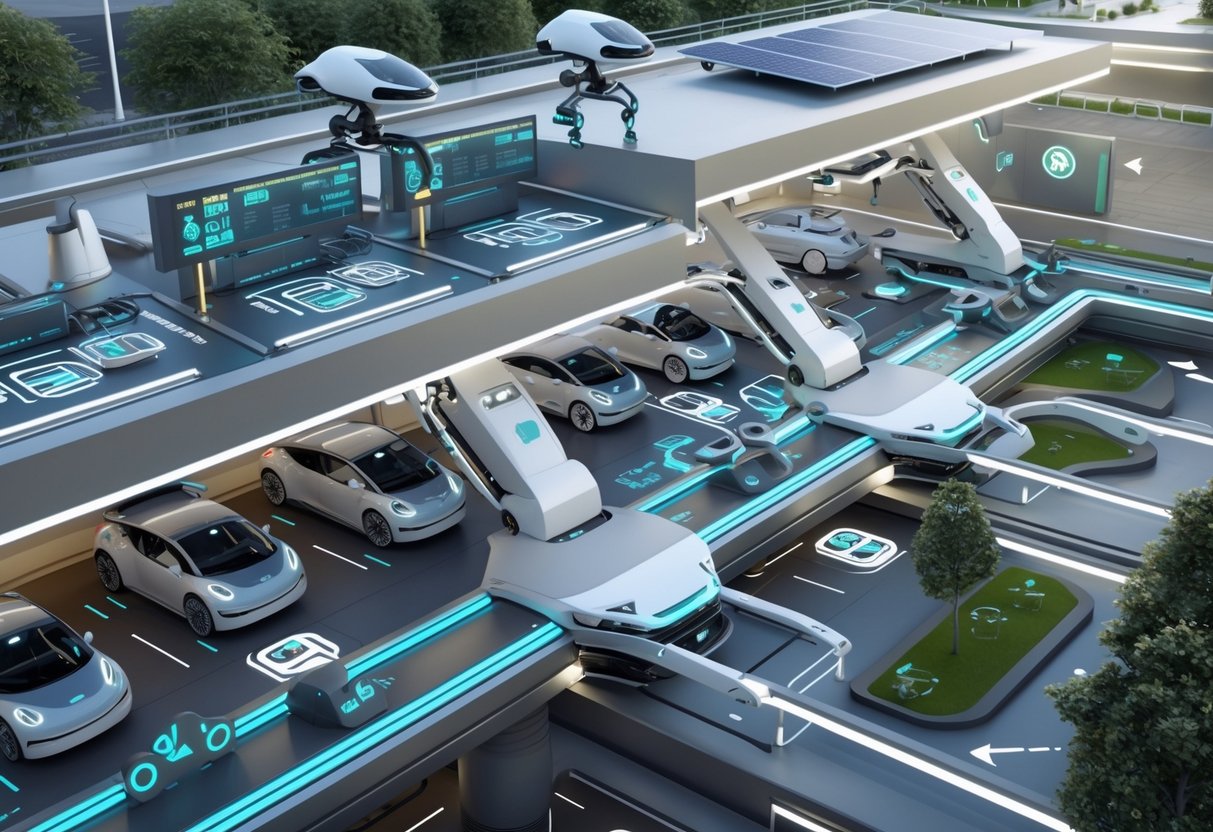 A futuristic multi-level automated parking facility with robotic car lifts, autonomous vehicles, drones monitoring traffic, and green spaces integrated around the structure.