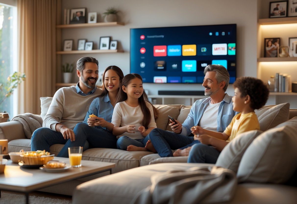 A family of four sitting on a sofa watching television together in a living room.