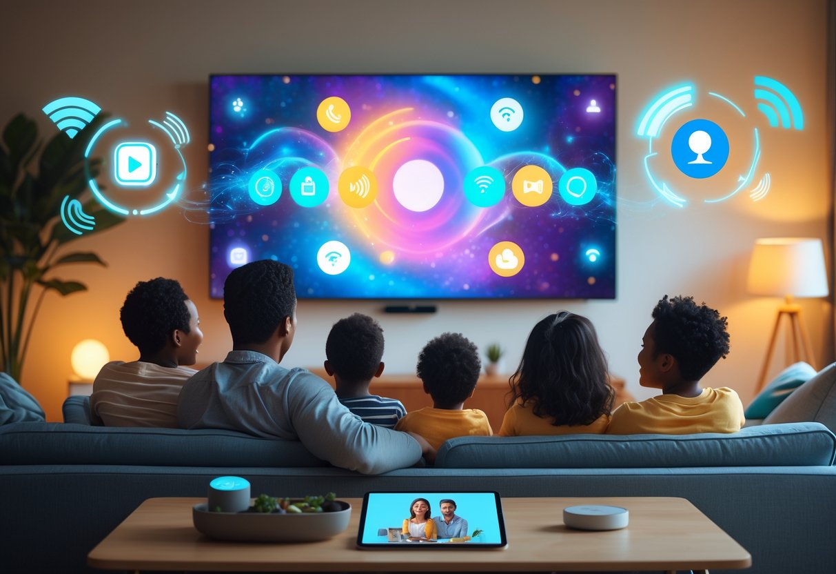 A family of four sitting together on a sofa watching television in a living room with modern technology devices around them.