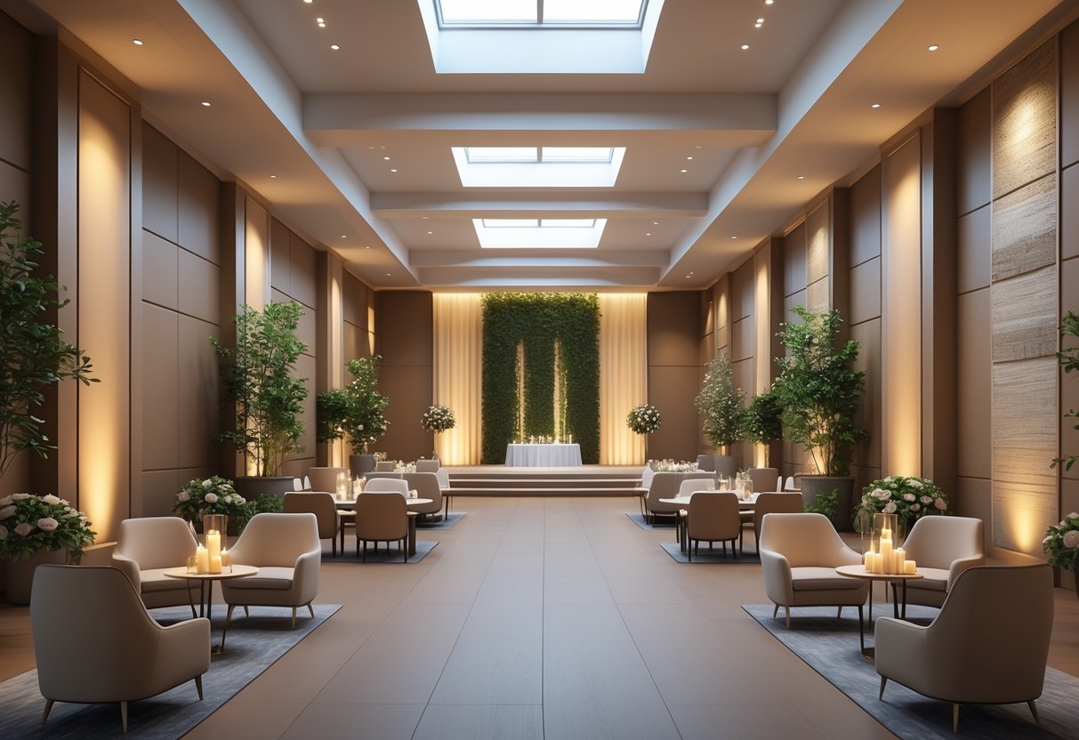 A spacious, well-lit event hall with modern furniture, large windows, and decorative plants creating a welcoming atmosphere.