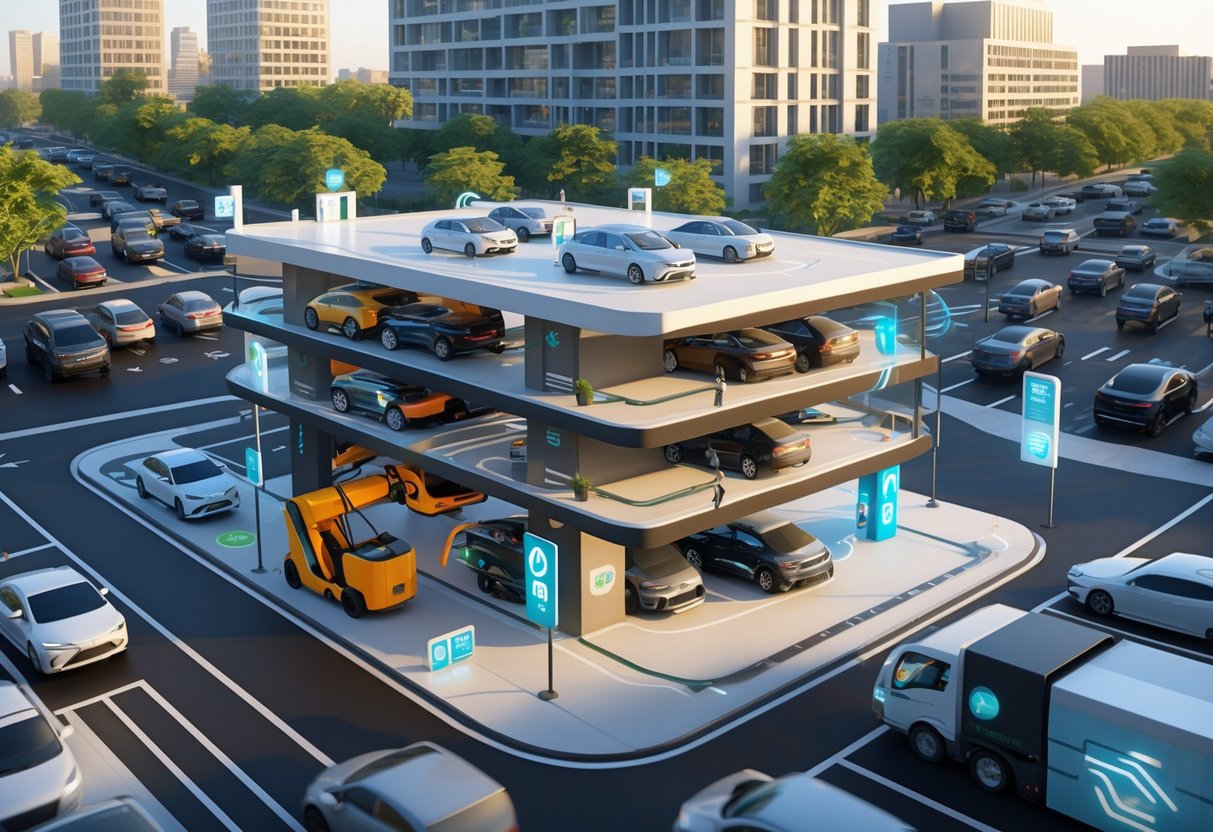 A city scene showing a multi-level automated parking garage with robotic lifts moving cars, busy streets with vehicles searching for parking, electric charging stations, and delivery trucks coordinating in designated areas.
