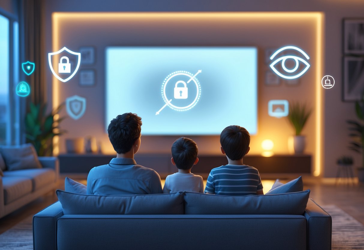 A family of four sitting on a sofa in a living room watching television together, with floating icons symbolising privacy and ethics around them.