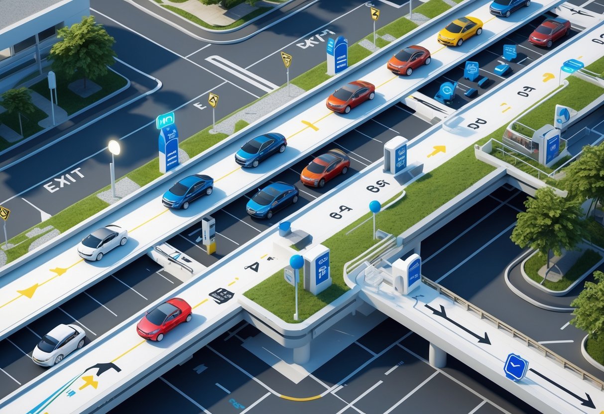 A 3D aerial view of a multi-level parking garage with cars parked and driving, showing clear pathways, charging stations, and surrounding urban elements.