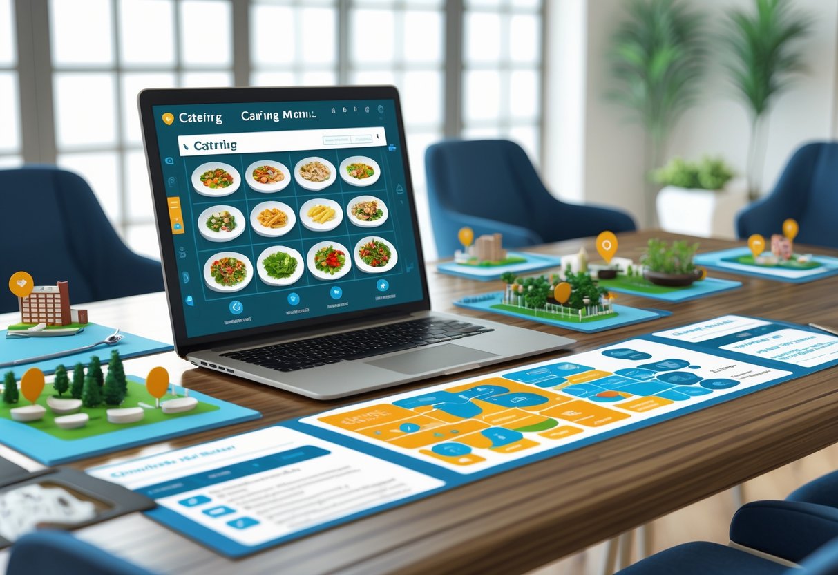 A 3D scene of an event planning workspace with a laptop showing catering menus, printed charts about venue criteria, and miniature models of different event venues on a wooden table in a bright room.