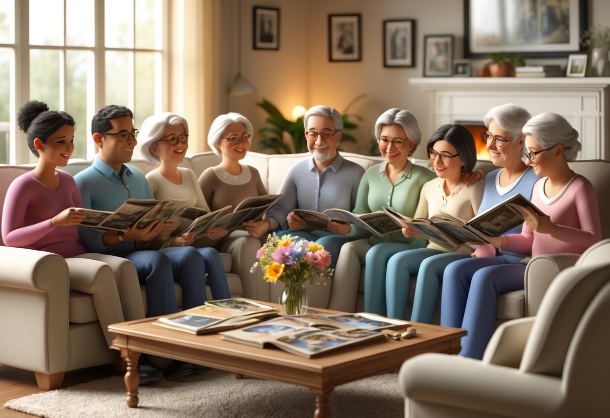 A family of different ages sitting together in a living room, looking at photo albums and sharing a moment of remembrance.