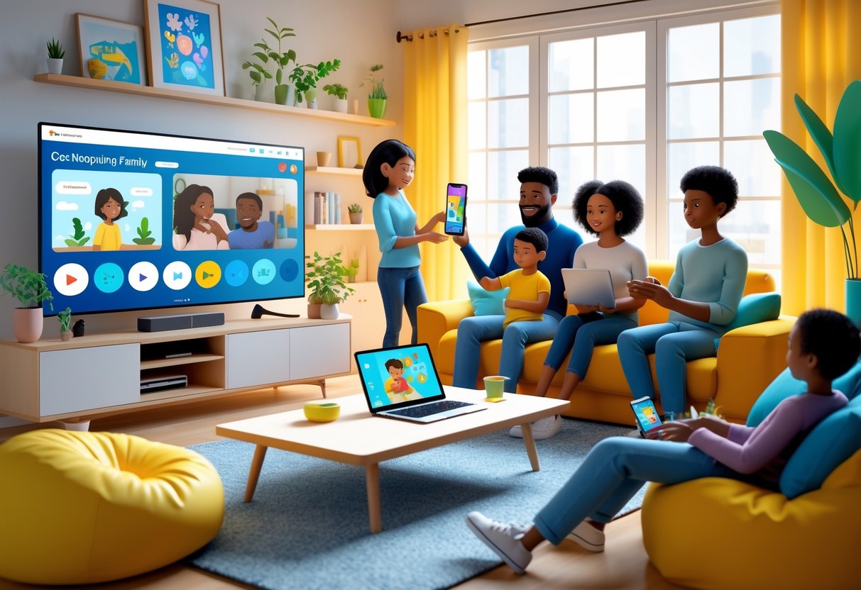 A family in a bright living room using different devices like a TV, tablet, smartphone, and laptop to watch shows and connect with each other.