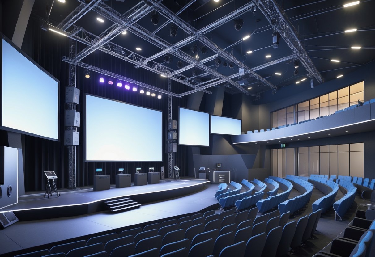 Interior of a modern conference venue with a stage, large screens, speakers, lighting equipment, and a control room overlooking the auditorium.