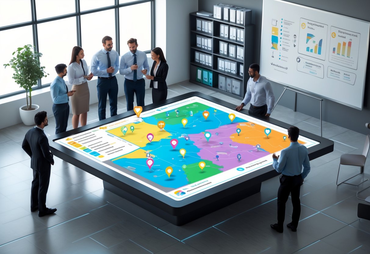 A group of professionals around a digital table reviewing venue options on an interactive map in a bright office setting.