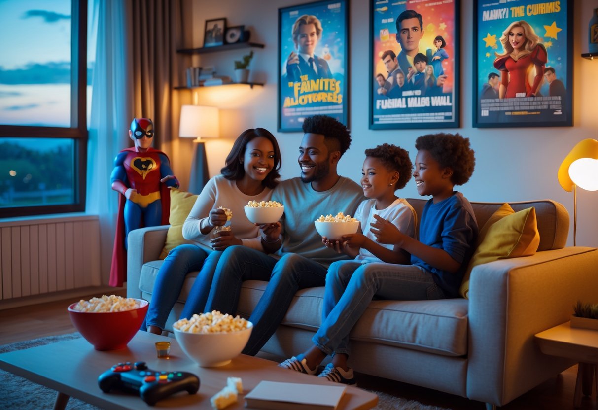A family of four sitting together on a sofa watching television in a cozy living room with popular culture items around them.