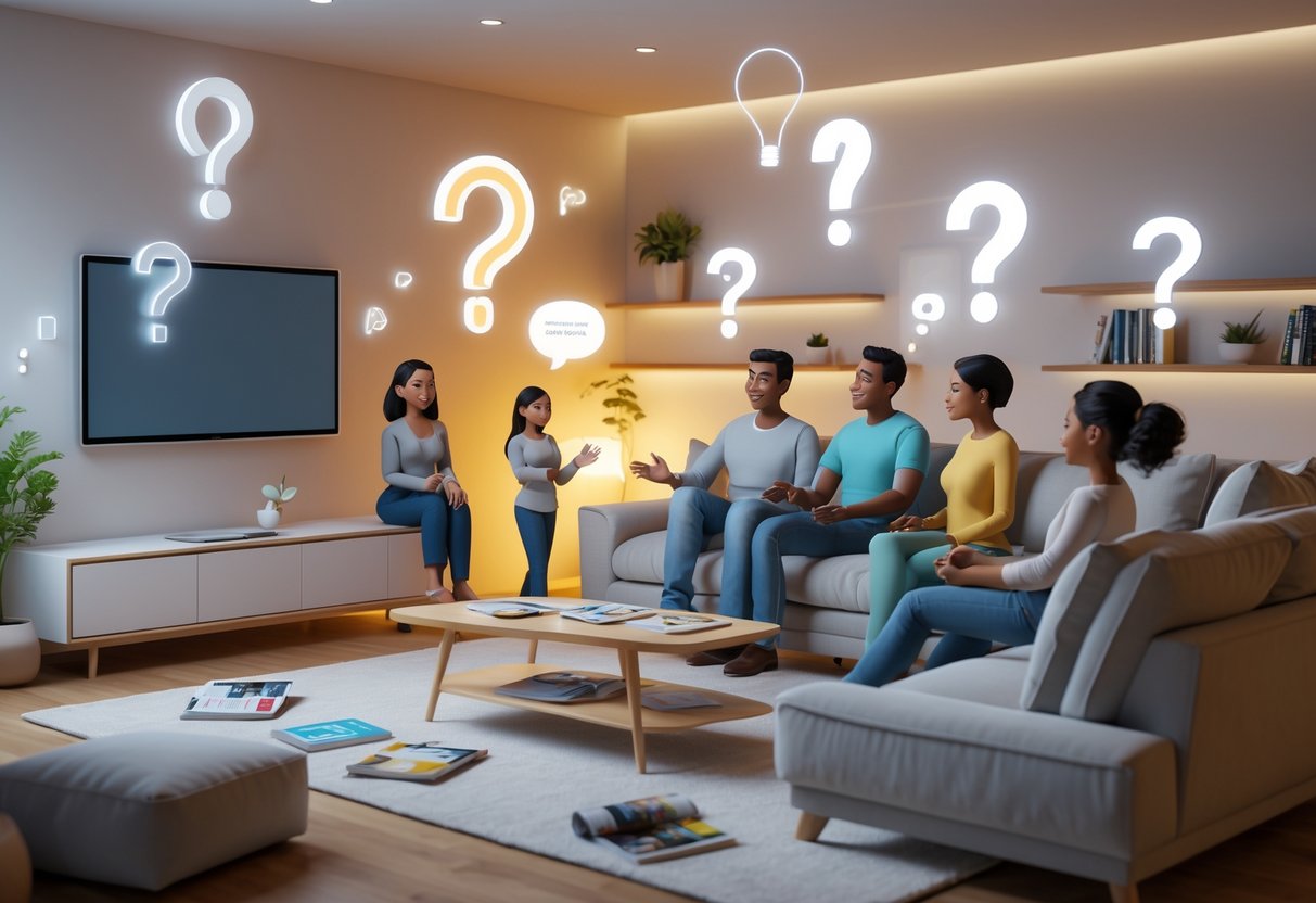 A family sitting together in a comfortable living room watching television with floating question mark icons around them.