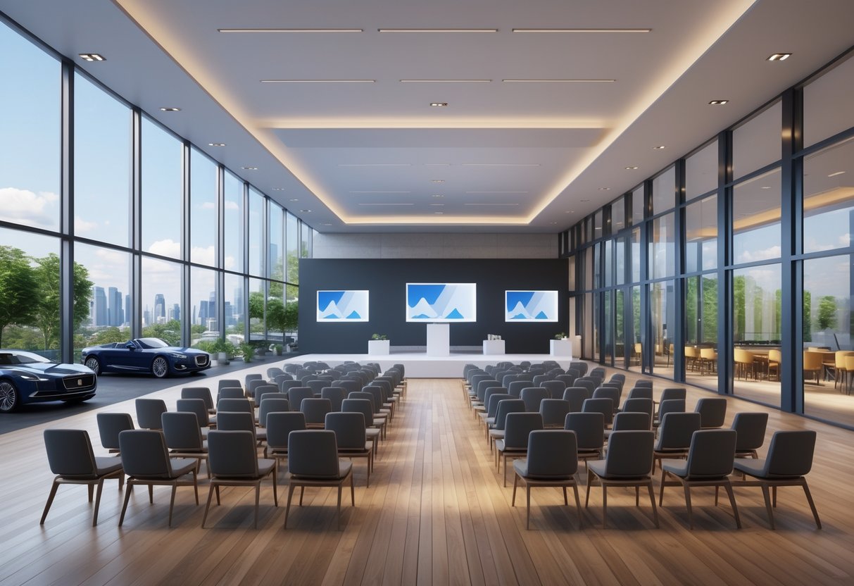 Interior of a modern corporate events venue with a large conference hall, stage, breakout rooms, and city views through glass windows.