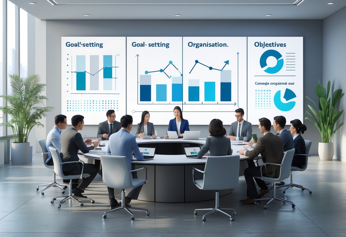A group of people in a conference room discussing and collaborating around a table with a digital screen showing charts in the background.
