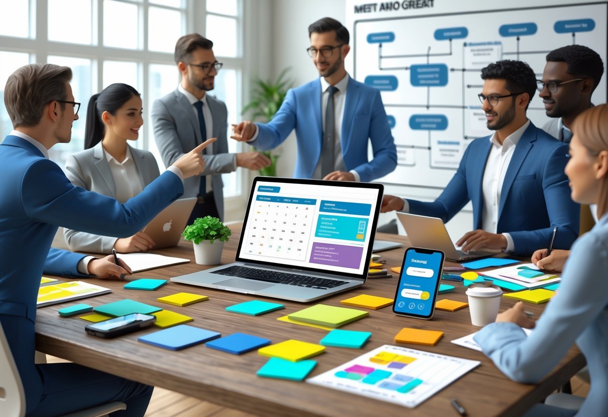 A group of people around a table with laptops and documents planning an event in an office setting.