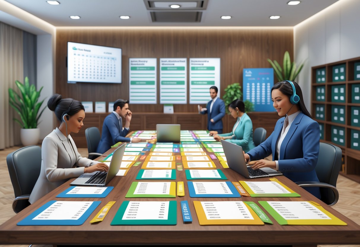 A group of people working together in an office organising guest lists and event details for a meet and greet.