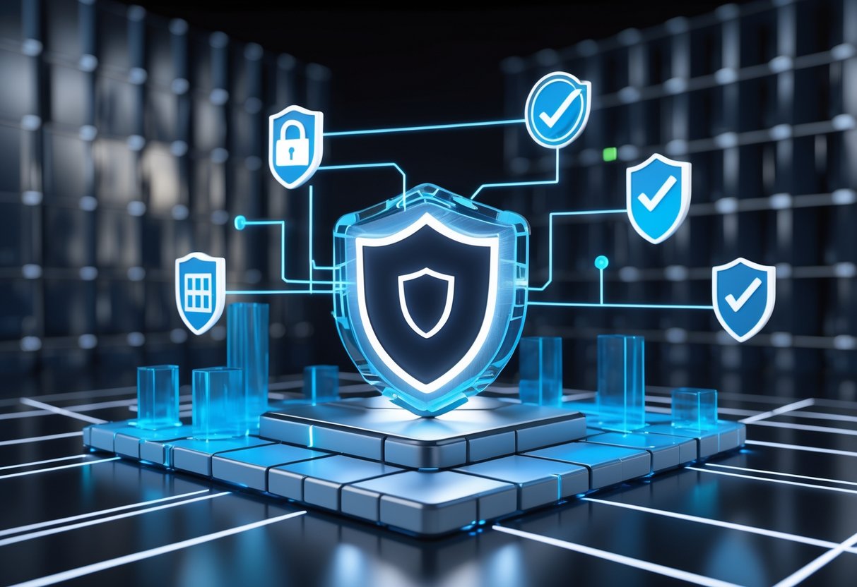 A 3D digital fortress with a glowing shield surrounded by holographic security icons connected by glowing lines on a dark grid background.