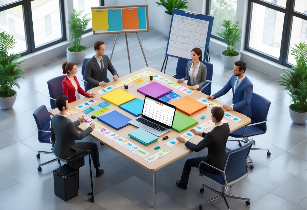 A group of people gathered around a table with event planning materials, talking and exchanging business cards in a bright conference room.