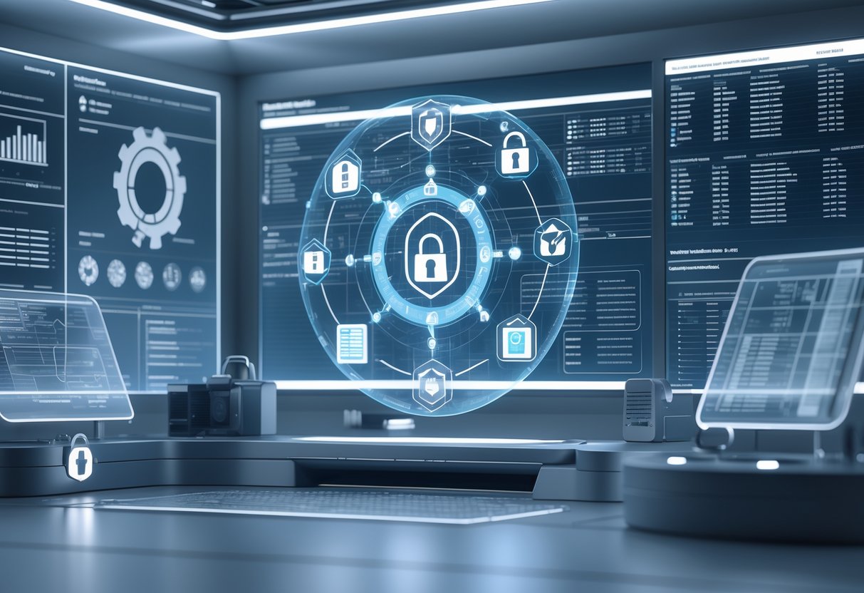 A futuristic digital control room with holographic security icons and transparent screens showing data and compliance elements.