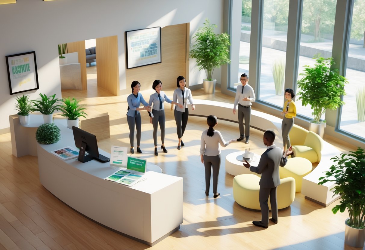 A bright reception area where friendly staff warmly greet visitors in a welcoming atmosphere.