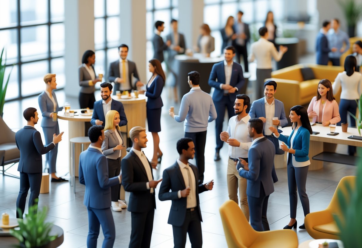 People talking and exchanging business cards at a networking event in a bright, modern conference hall.